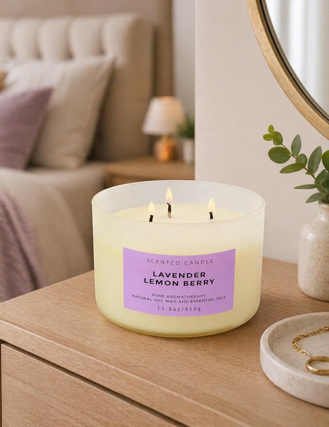 Lavender Lemon Berry 3-Wick Soy Aromatherapy Candle for Women, 15.8 oz | Ylang-Ylang, Cedar & Violet Notes, Calming Floral Lemon Home Scent, Clean Burn, Bedroom, Bath & Spa, Gift for Her & Mom
