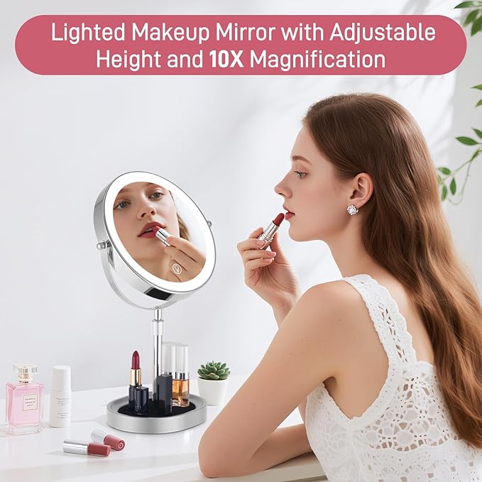Rechargeable Adjustable-Height Lighted Vanity Mirror with 3 Color Lights, Touch Screen and Dimmable Settings 8-inch Dual-Sided 1X/10X and 360° Swivel Makeup Mirror with Jewelry Tray (Chrome)