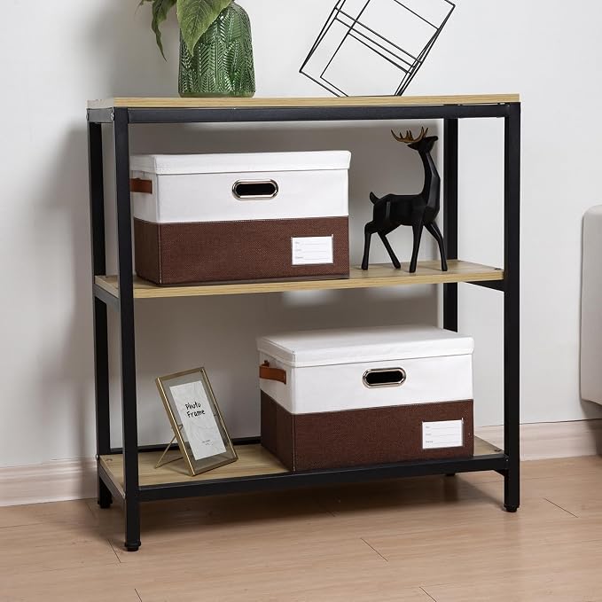 Foldable Storage Bins with Lids [3-Pack] Fabric Collapsible Storage Boxes Baskets Cubes Containers with Handles for Closet Living Room Bedroom (Brown & White 14.9x9.8x9.8'')