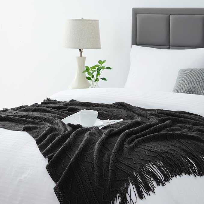 BOURINA Black Throw Blanket 50x60 Inch Boho Knitted Soft Throw Sofa Blanket | Knitted Throw Blanket 50x60 Inches, Soft Lightweight Boho Weave Throw Decorative Couch Blanket for Living Room Bedroom Chair