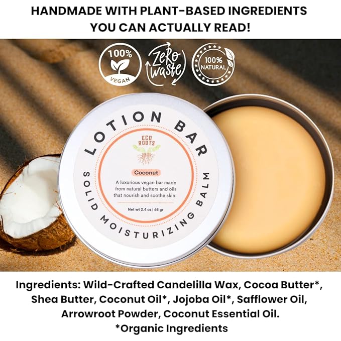 ECO ROOTS Solid Lotion Bar for Dry Skin – Body Moisturizer Tin with Candelilla Wax, Non Greasy Body Butter & Massage Oil Stone, Travel Ready, Vegan Zero-Waste, Long Hydration - Handmade in USA