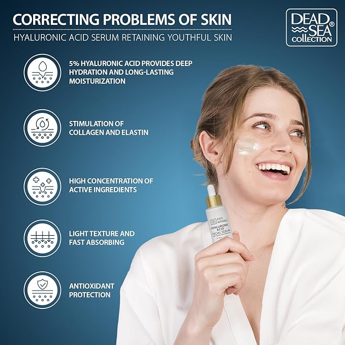 Dead Sea Collection Serum for Face with 5% Hyaluronic Acid, Dead Sea Minerals, and Vitamin E – Anti Aging Nourishing Skin Care Moisturizer to Reduce Wrinkles (1.01 fl. oz)