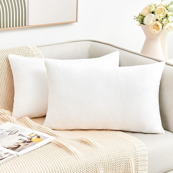 Throw Pillow Covers White Decorative Velvet Set of 2 12x20 Inch Pillow Covers, Soft Lumbar Pillow Covers for Couch Sofa Bed Living Room, Farmhouse Neutral Home Boho Decor, Accent Cushion Cases