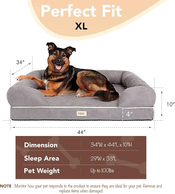 Friends Forever X-Large Dog Bed, Orthopedic Dog Sofa Memory Foam Mattress, Calming Dog Couch Bed, Wall Rim Pillow, Water Resistant Liner, Washable Cover, Non-Slip Bottom, Chester, X-Large Grey | Calming Dog Couch, Water Resistant Pet Bed, Washable Cove...