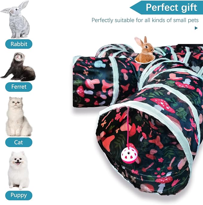 EGETOTA Cat Tunnel for Indoor Cats Large, with Play Ball S-Shape 5 Way Collapsible Interactive Peek Hole Pet Tube Toys, Puppy, Kitty, Kitten, Rabbit (S4 - Mushroom)