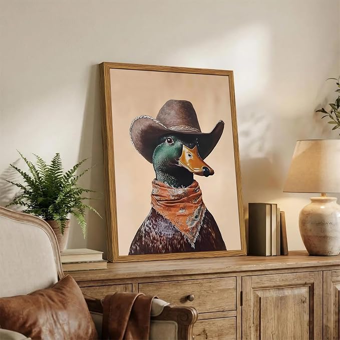 Framed Vintage Western Duck Wall Art, Cowboy Mallard Duck Pictures Wall Decor, Whimsical Farmhouse Animal Paintings Canvas Prints Rustic Home Decor for Living Room Bedroom Bathroom 12x16 inch