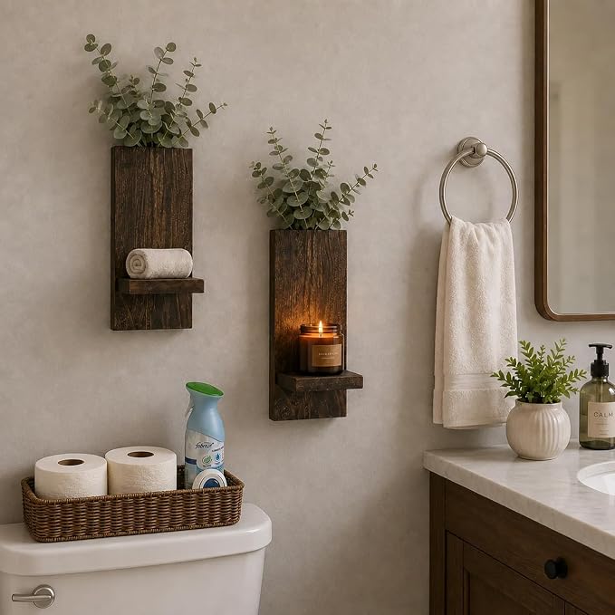 Wood Wall Decor Set of 2, Farmhouse Wall Planter for Small Spaces | wall vase and candle sconce in one, eucalyptus and dried flowers planter, solid wood, living room bathroom and entryway décor