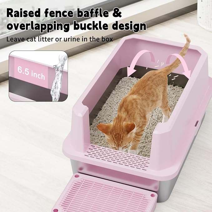 RIZZARI Stainless Semi-Closed Litter Box: High-Sided Open for Large Cats | 304 Stainless Bottom / 6.5" High Splash Guard / Low Front Entry / Spacious for Large Breeds / 30-Second Tool-Free Assembly