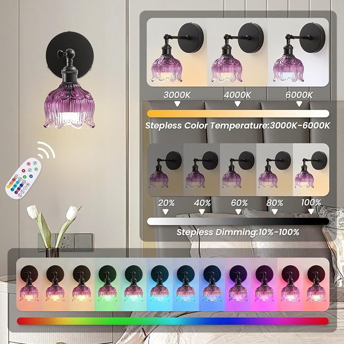 Vintage Battery Operated Wall Sconces: Gothic Wireless Rechargeable Light | 5000mAh Dimmable Powered Sconce Remote Control, Set of 2 Cute Purple Flower Glow Cordless Mounted Lights for Bedroom Bedside