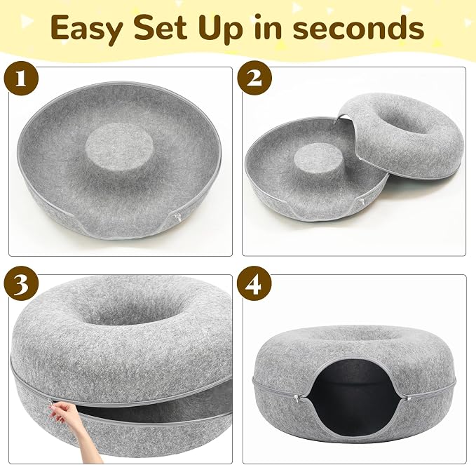 Cat Caves for Indoor Cats, Large Cat Tunnel for Multiple & Large Cats, Scratch Detachable Cave Bed, Kitten Donut Kitty Hideaway Up to 45 Lbs (Light Grey, Large, 2 Pack)