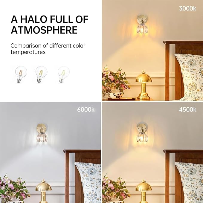 Shenmoyl Vintage Wall Sconces Set of 2 with Amber Tulip Glass Lampshade 180 Degree Adjustable Brass Sconces Hradwired Modern Wall Lighting Fixture with Switch for Bedside Bedroom Doorway