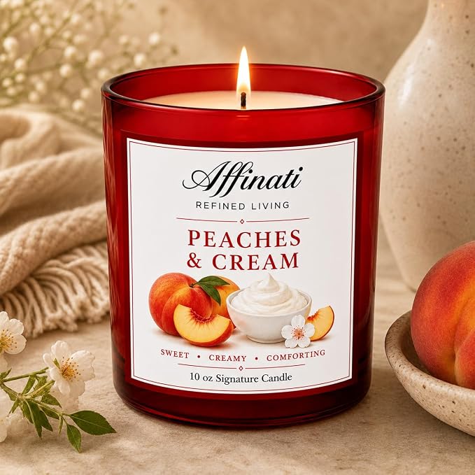 Affinati Peaches & Cream 10 oz Scented Candle – Long Lasting Luxury Soy Blend Candle for Home, Strong Scent Throw Sweet Summer Fruit Gourmand Bakery Candle, Premium Home Fragrance Gift