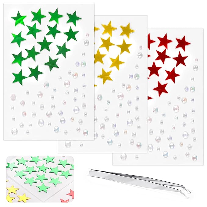 Christmas Star Face Stickers Gems for Makeup, 3 Sheets Red Gold and Green Face Glitter Rhinestone jewels, Self Adhesive Face Eye Nail Body Gems Stick on for Xmas Rave Festival Accessories