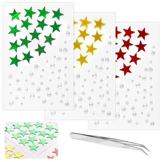 Christmas Star Face Stickers Gems for Makeup, 3 Sheets Red Gold and Green Face Glitter Rhinestone jewels, Self Adhesive Face Eye Nail Body Gems Stick on for Xmas Rave Festival Accessories