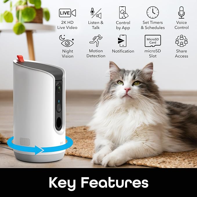 Geeni Pet Treat Dispenser Camera, 2K HD Wi-Fi Enabled, Auto-Follow, White | Pet treat dispenser with camera
