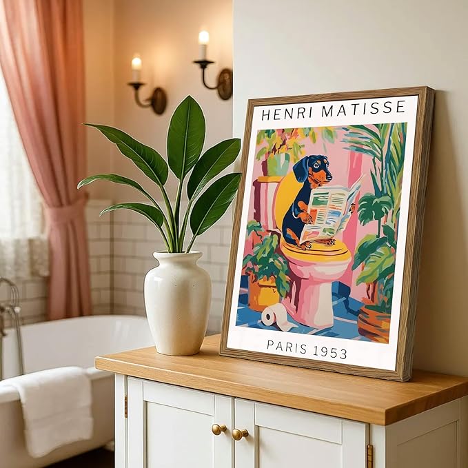 Funny Dachshund Bathroom Wall Art Henri Matisse Dog Bathroom Wall Decor Picture, Cute Puppy Animal Reading Newspaper in Toilet Poster Painting Canvas Print 16x24 inch Wood Framed
