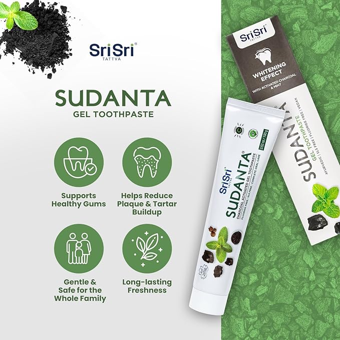 Sri Sri Tattva Sudanta Charcoal Toothpaste Gel – SLS, Fluoride Free Herbal Toothpaste with Neem & Ayurvedic Herbs – Natural Teeth Whitening, Fresh Breath, Oral & Gum Health – 100g Tube (Pack of 3)
