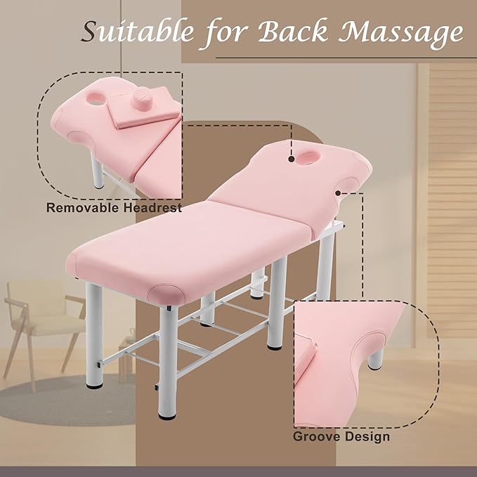 Professional Massage Bed 73 Inch, Treatment Table Salon with Removable Headrest, Stationary Physical Therapy Table Spa Facial with Adjustable Backrest, Steel Frame, Pink