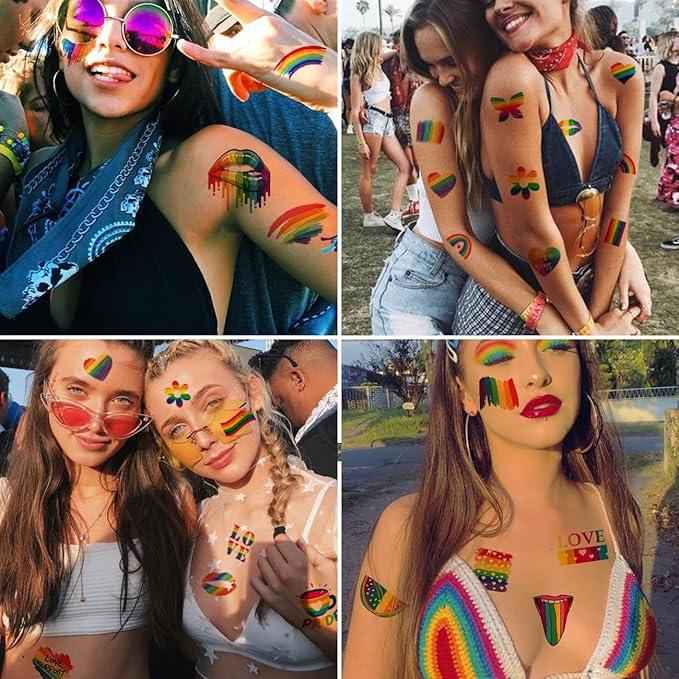 Glitter Rainbow Temporary Tattoos - 74 Individually Sheets Glitter Pride Tattoos Heart Lips Love Rainbow Tattoos for Pride Festivals