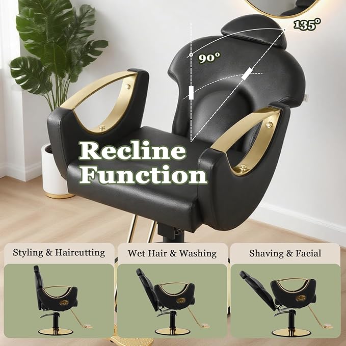 Black and Gold Reclining Salon Barber Chair for Hair Stylist, Hydraulic Pump Hair Salon Chair, 360° Swivel Styling Chair for Home or Barbershop