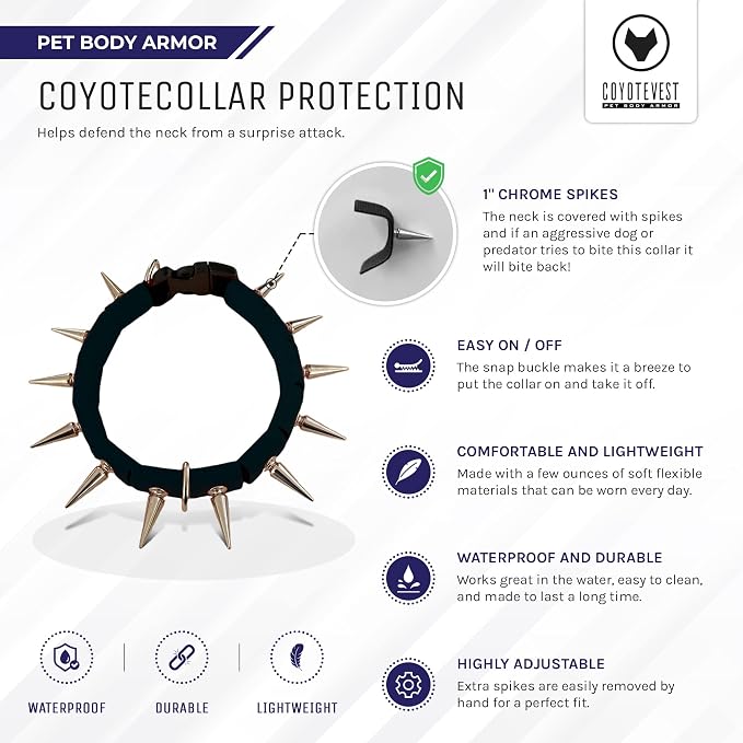 CoyoteCollar Spike Dog Collar, Adj/Replaceable Spikes, Medium, Black