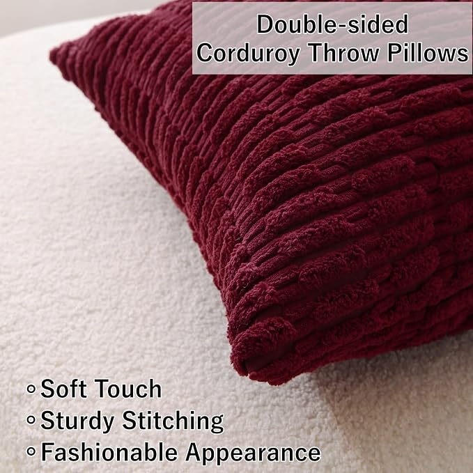 2 Pack Corduroy Decorative Throw Pillow with Inserts, 18x18 Inch Soft Boho Throw Pillow, Square Striped Throw Pillows for Couch, Bed, Sofa Decor (Burgundy)