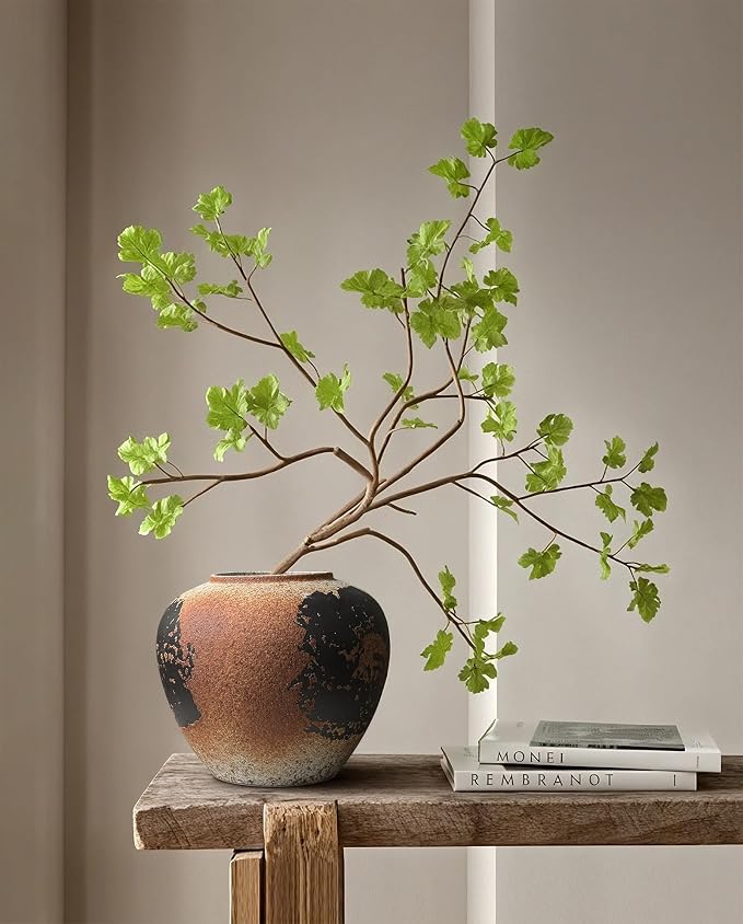 GeLive Round Ceramic Vase Brown Rustic Textured Moon Jar Table Centerpiece Pottery Vase Decorative Planter Pot Flower Container for Fresh Dried Plants Home Decor Kitchen Utensil Holder