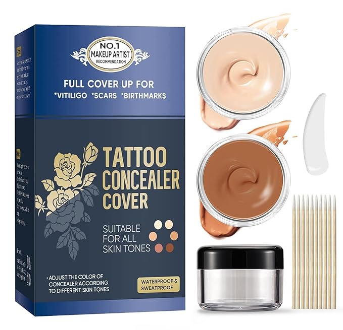 Tattoo Cover Up Makeup, 2 Colors Sweatproof & Waterproof Tattoo Cover Up Concealer, Suitable for Scars, Vitiligo, Spots, Invisible and Natural