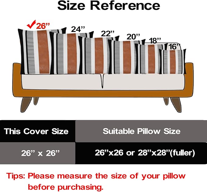Farmhouse Stripe Euro Pillow Cover 26x26 Large Accent Cushion Cover Black and White Faux Leather Decorative Pillowcase for Sofa Couch Chair Bedroom Modern Decor,Black