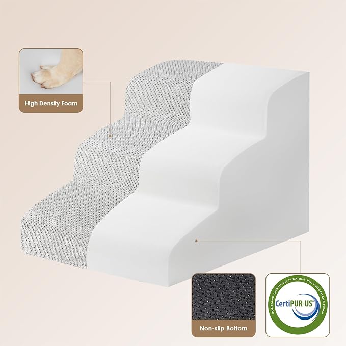 EHEYCIGA Curved Dog Stairs Ramp, 3-Step Dog Steps, 15.7" H Pet Step | 33D density of pure foam, for Small Dogs and Cats, Pet Stairs for High Bed Climbing, Non-Slip Balanced Indoor, Light Grey