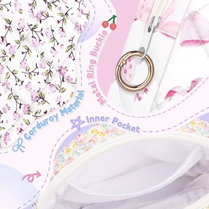 Period Bag for Teen Girls, Quilted Sanitary Napkin Storage Bag, Cute Menstrual Pad Pouch Tampon Holder (Pink Bow)
