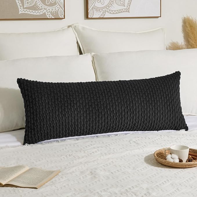 Kevin Textile Soft Corduroy 14"x36" Lumbar Pillow Cover 1 Pack, Black | Boho Stripe Plush Corduroy Decorative Oblong Cushion Cover Modern Farmhouse Home Decor for Sofa Couch Bed Chair