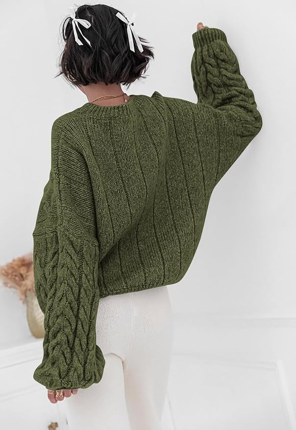 PRETTYGARDEN Womens Sweaters Spring 2026 Cable Knit Long Sleeve Crewneck Oversized Sweater Chunky Pullover Loose Outfits