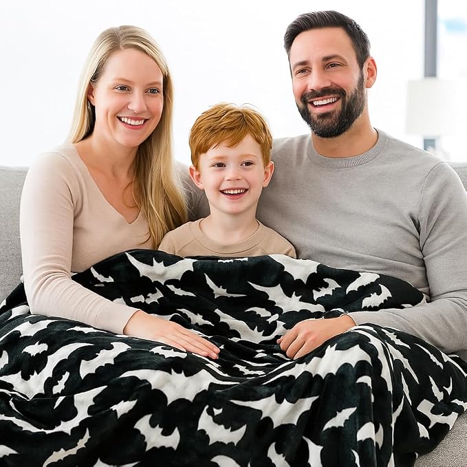 Halloween Fleece Throw Blanket, Silver White Bats on Black, Oversized 50x70 | Ultra-soft cozy flannel fleece, for sofa couch bed chair & dorms, spooky Halloween décor, durable and machine washable.