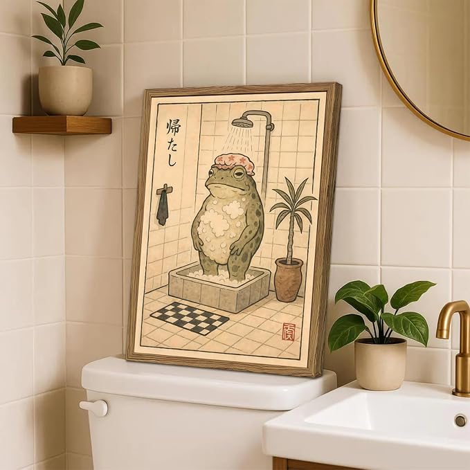 Funny Japanese Frog Bathroom Wall Art Whimsical Frog Shower Wall Decor 16x24 inch Wood Framed, Eclectic Japan Animal Bathroom Poster Painting Canvas Prints Aesthetics