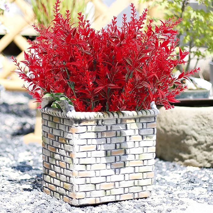RECUTMS Artificial Outdoor Flowers,Faux Fall Plant Plastic Lavender Bouquet | 8Pcs,Red UV Resistant Faux Flowers fo Outdoor Planters,Spring Fall Decor,Lifelike Natural Fake Plant to Brighten Up Your Home
