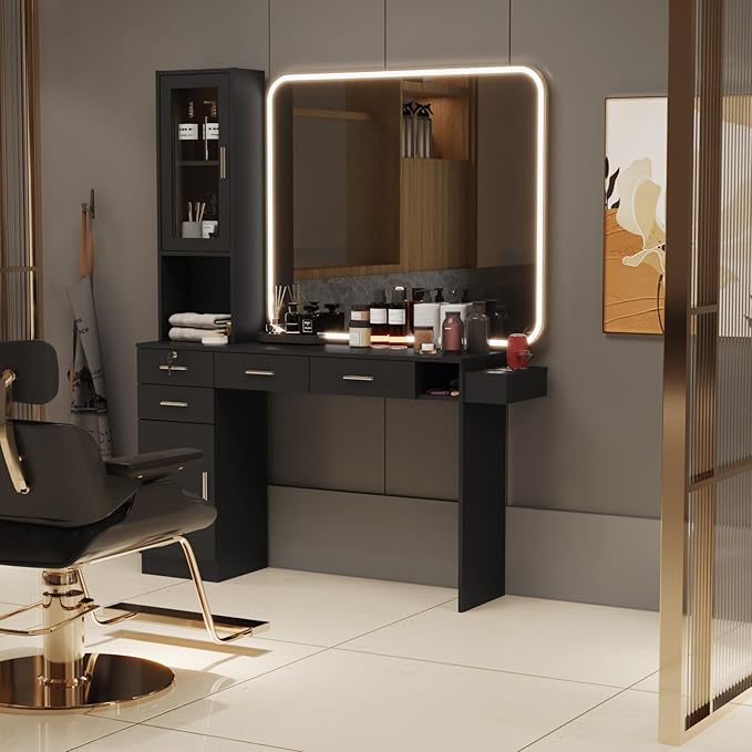 Barber Salon Station for Hair Styling, Wall Mount Beauty Spa Furniture Equipped with Salon Equipment Hair Dryer Holder, Drawers, Storage Cabinet and Open Shelves, Without Mirror (Black)