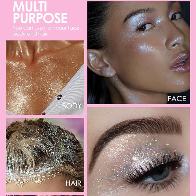 2PCS Roll-on Body Glitter Gel for Face Hair,Chameleon Color Changing Glitter Holographic Gel Under Light, Chunky Mermaid Sequins Festival Party Rave Accessories Shimmer Makeup