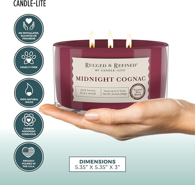 Candle-Lite Scented Candles for Men, Midnight Cognac Fragrance, 16.25 oz Jar, 3-Wick, 51 Hours of Burn Time, Masculine Aromatherapy with Long Lasting Scent, Ideal Gift for Father's Day and Home Decor