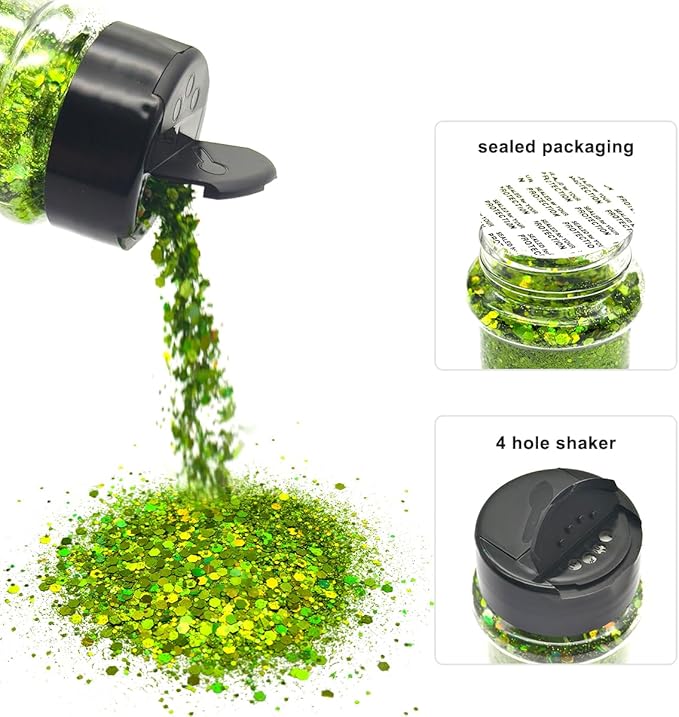 Grass - Light Green - Craft Glitter - 2oz Glitter Shaker Bright Colorful Holographic Mix Chunky Body Glitter Bulk Wholesale 24 Colors in Shaker Cosmetic Glitter - EBLB601