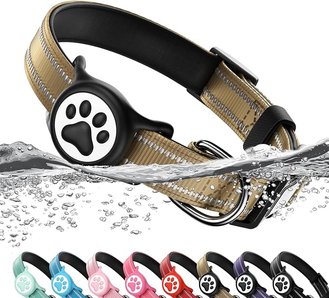 Premium Airtag Dog Collar，with IP68 Waterproof AirTag Holder,Brown,L | Soft,Breathable,Nylon Padded,Reflective,Ultra-Durable Buckle,Adjustable,Comfortable for Small Medium Large Dogs