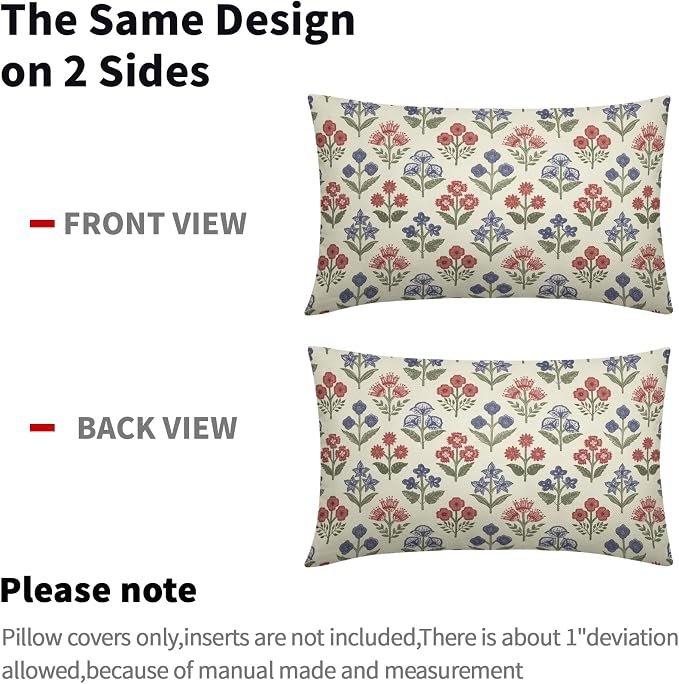 4th of July Patriotic Floral Pillow Covers 12x20 Inch Set of 2, Navy Blue Red Green Flower Block Print Decorative Throw Pillowcases Outdoor Memorial Day Holiday Cushion Covers Sofa Couch Bed Decor