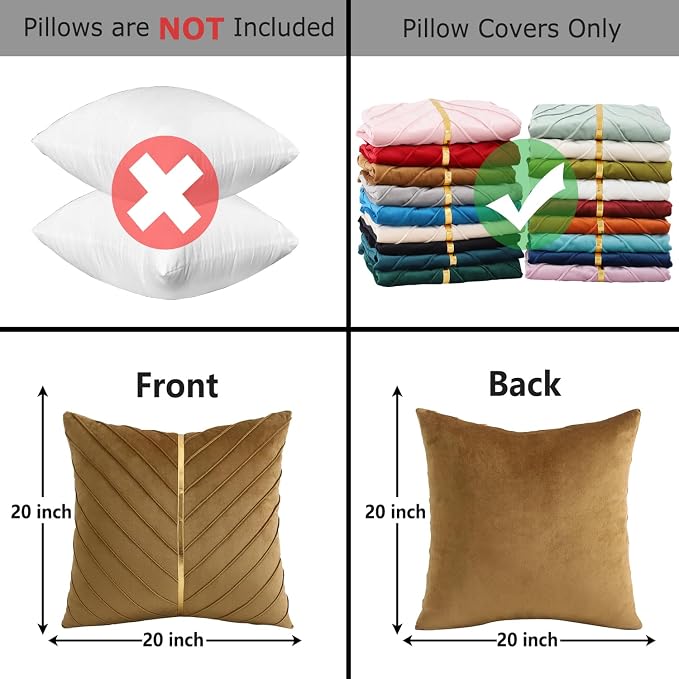 Velvet Throw Pillow Covers 20x20 inch Pack of 2 Gold Decor Brown | Soft Solid Pillow Covers,Modern Luxury Home Decor,for Couch Chair Sofa Bedroom Livingroom,Hidden Zipper,Ideal Gift,Easy Care