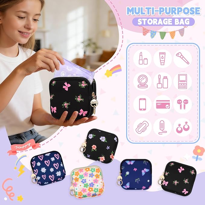 Period Bag for Teen Girls, Neoprene Cute Sanitary Napkin Storage Bag, Floral Menstrual Pad Pouch Tampon Holder (Butterfly)
