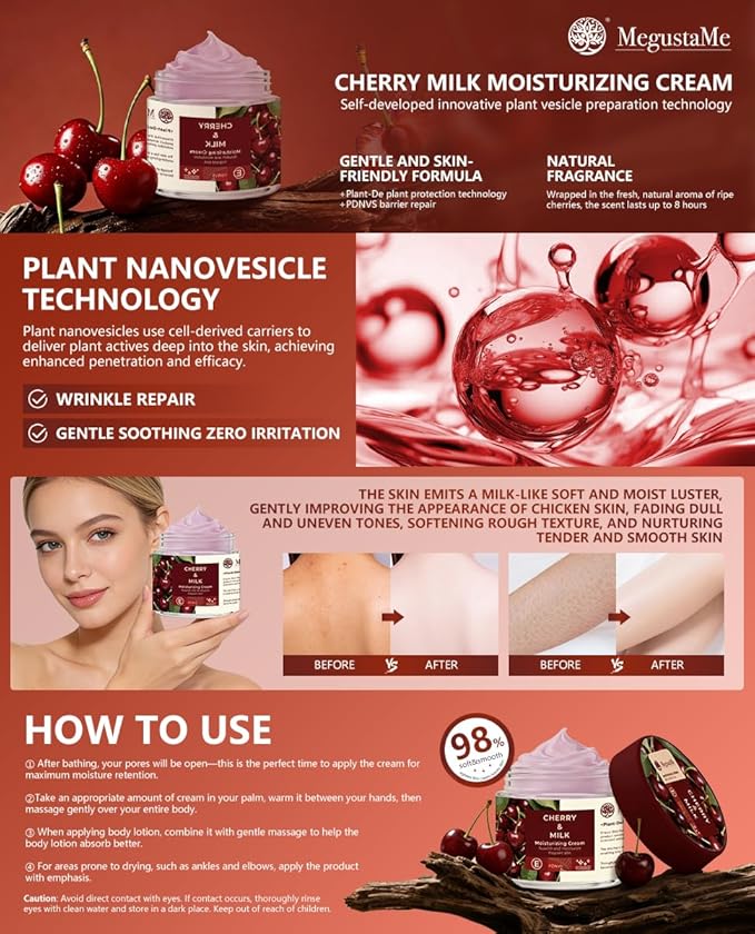 Cherry & Milk Moisturizing Cream - 200ml Face & Body Lotion with Shea Butter, Vitamin E & Hyaluronic Acid, Long-Lasting Hydrating Moisturizer for all Skin, Nourishing Brightening Body Cream
