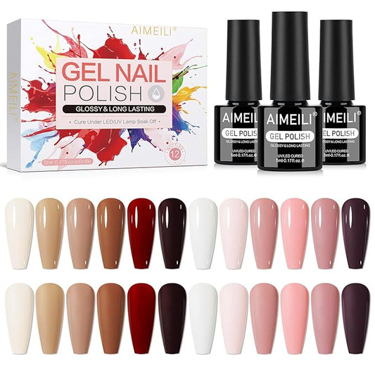 AIMEILI Gel Nail Polish Set 12 Colors Hema Free Classics White Nude Brown Polish Kit Soak off U V Led Nail Art Manicure Fall Winter - Kit 41