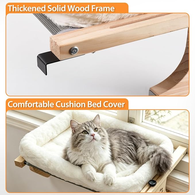 AMOSIJOY Wooden Cat Windowsill Perch with Zipper Cushion Bed, 22in | Sturdy Wood & Metal Frame Hold up to 40lbs, Machine Washable, Easy to Adjust, Hook-on Mounting Cat Hammock Seat for Large Cat