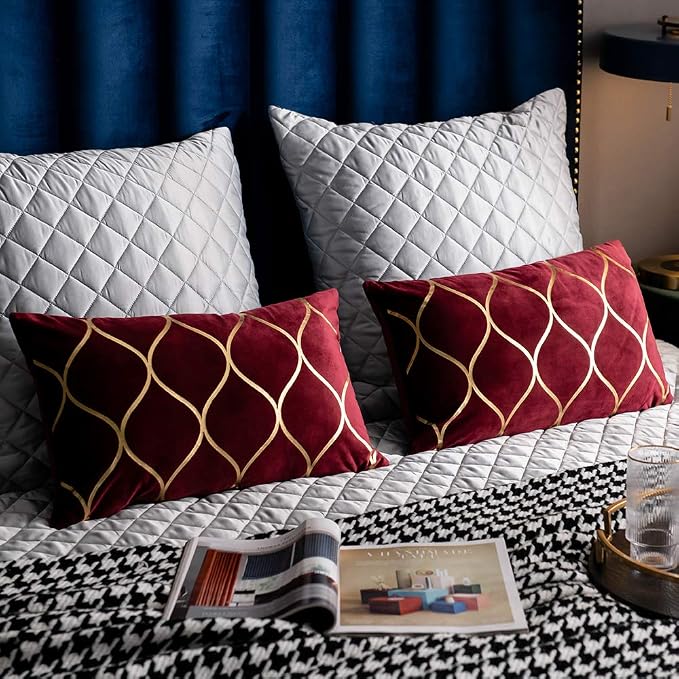 Gold Velvet Throw Pillow Covers: 2 Pack 12x20 Inch Rectangular Decorative Pillow Cases for Bedroom Sofa Couch Living Room, Christmas Burgundy Red