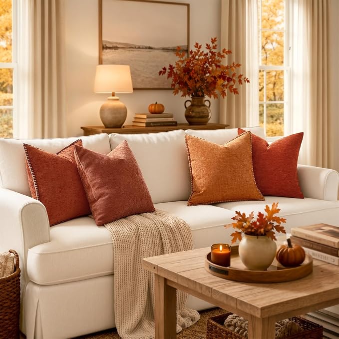 MIULEE Fall Decorative Lumbar Throw Pillow Covers 12x20 Inch Rust 2 Pack | Terracotta Farmhouse Pillow Covers with Stitched Edge, Soft Chenille Cushion Cases, for Couch Sofa Bed Living Room Home Decor