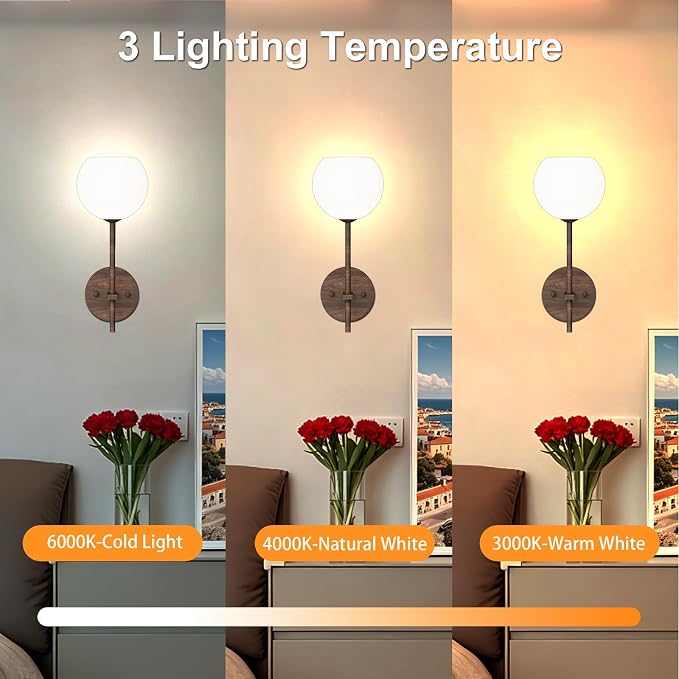 Walnut Grain Battery Operated Wall Sconces Set of 2, Rechargeable Wireless Wall Lights with Milky White Frosted Glass, 12 RGB and 3CCT Dimmable, Wall Lamps with Remote for Bedroom Living Room Hallway